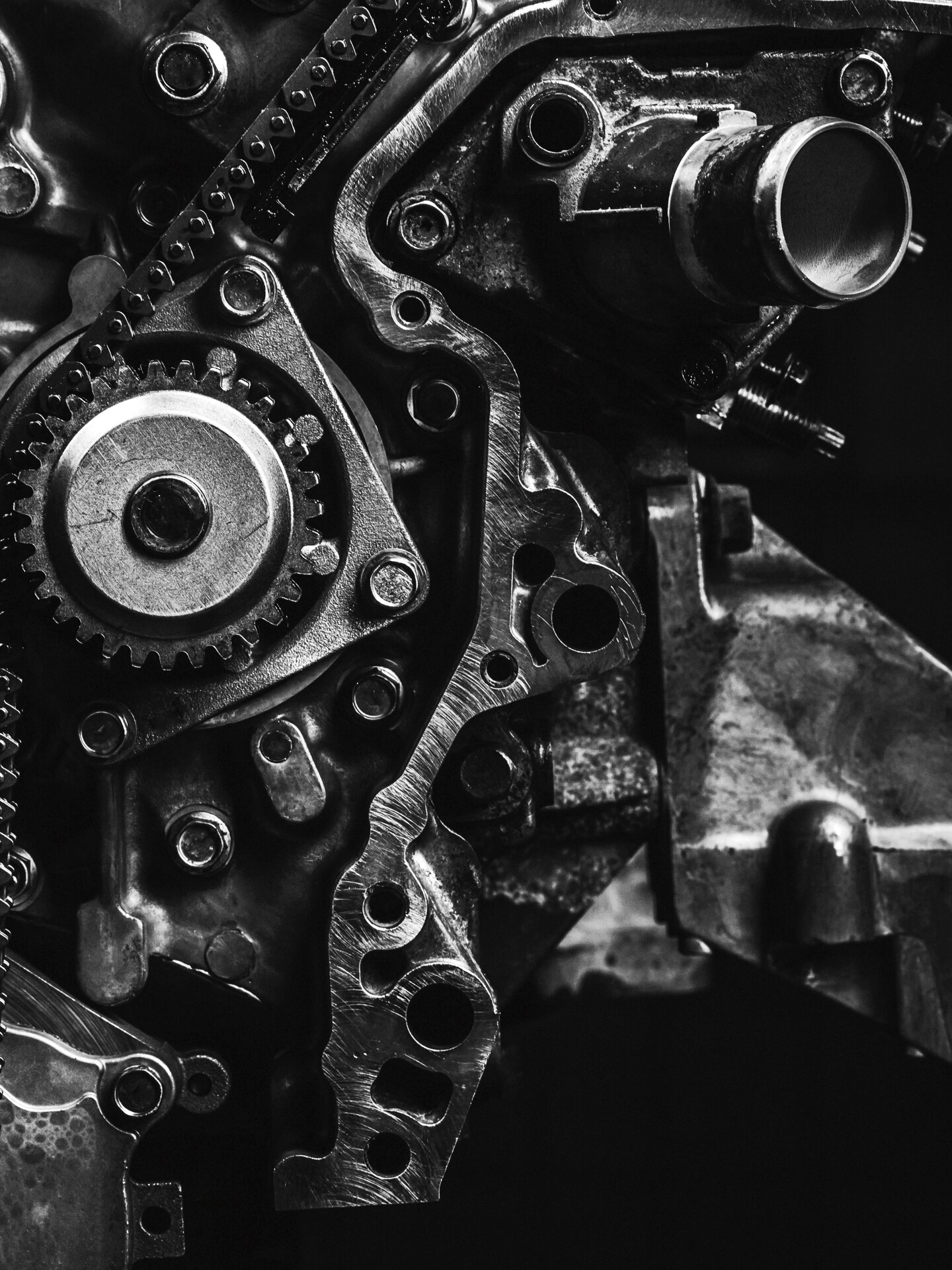 Closeup of a vehicle engine.